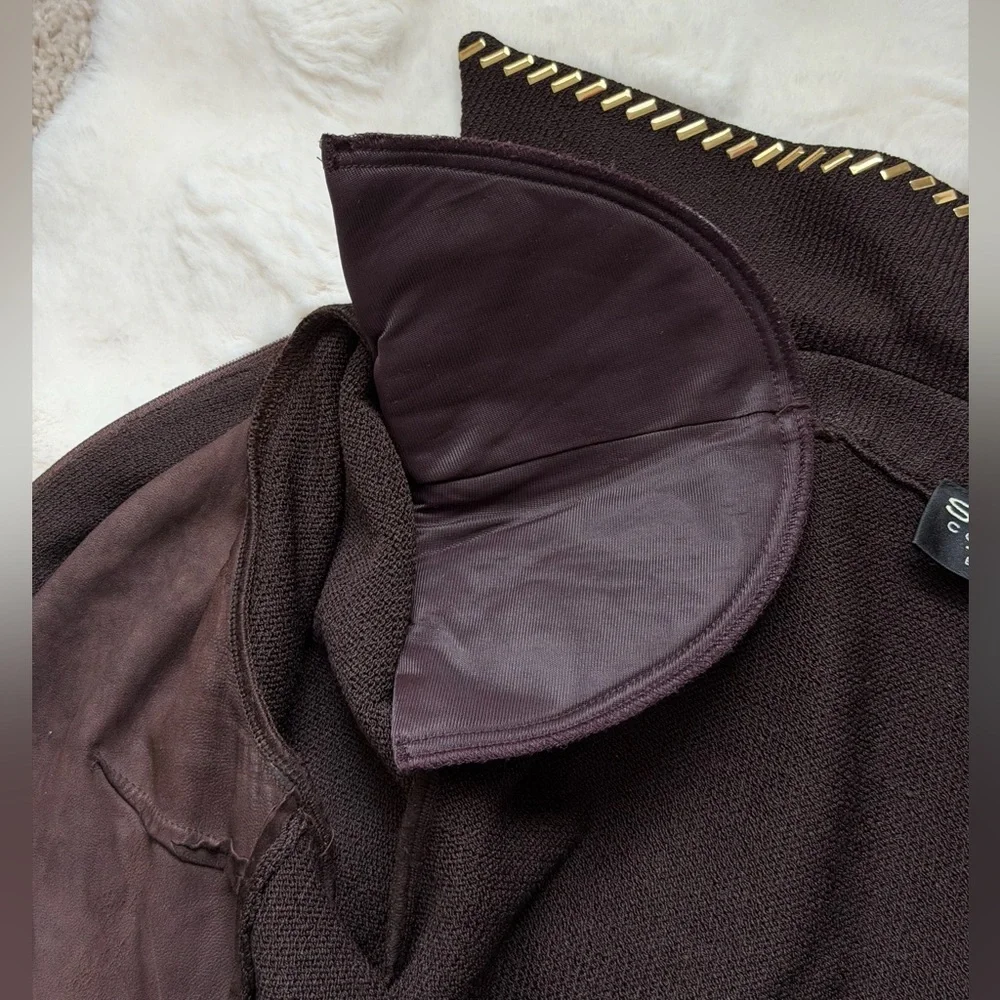 ✨St. John Collection Brown Suede Knit Jacket Gold Chain Trim Zipper Blazer - 10